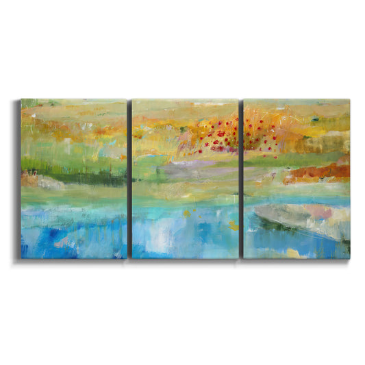 Three-panel canvas wall art featuring abstract sense of forward movement on white background.