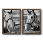 Set of two walnut barnwood framed canvas prints featuring two modern equestrian photography featuring black-and-white close-up portraits of horses at fences.
