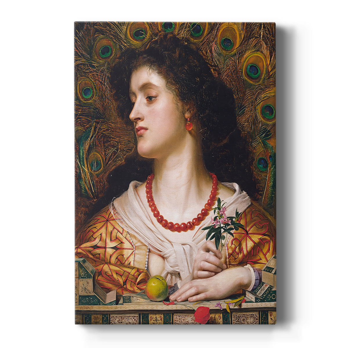 Canvas art print featuring a Romantic portrait of a woman with flowing hair and ornate decorative detail on a clean white background.