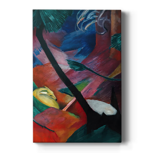Canvas art print featuring an expressionist forest scene with deer in angular, colorful forms on a clean white background.
