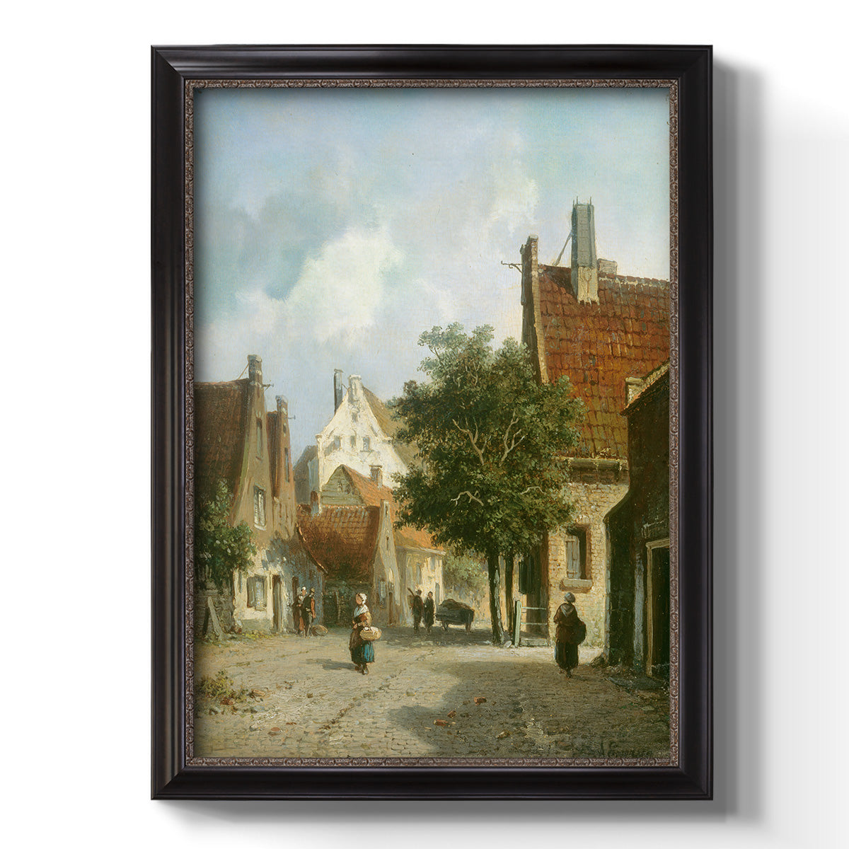 Rustic European street scene painting by Adriaan Eversen printed on canvas in an ornate black frame with gilded inner detail with a vertical orientation.