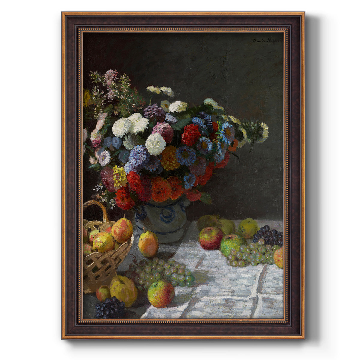 Impressionist floral still life painting by Claude Monet printed on canvas in an ornate bronzed mahogany wood frame with a vertical orientation.