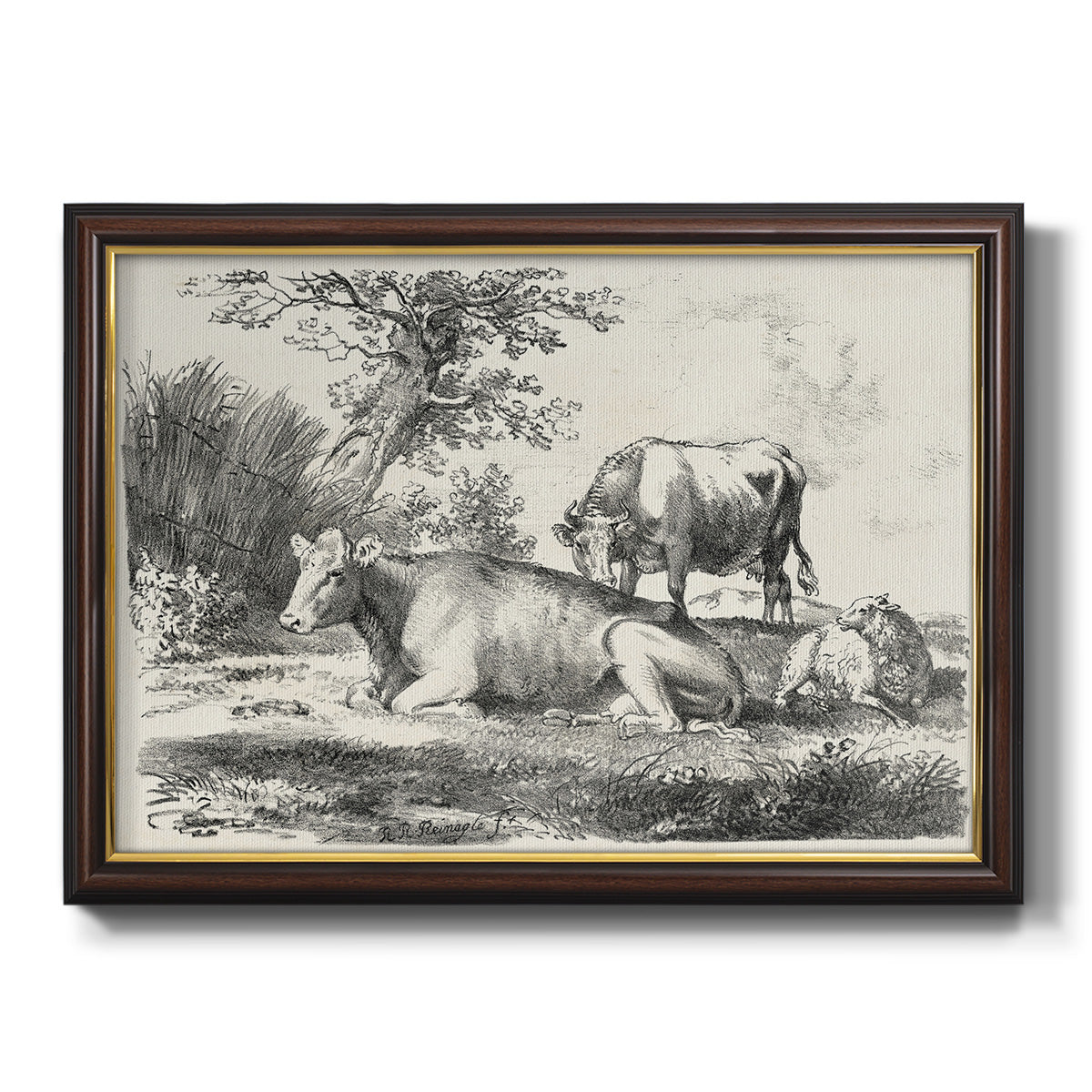 Classical pastoral landscape artwork by Nicolas Berchem printed on canvas in an ornate mahogany wood frame with gold liner.