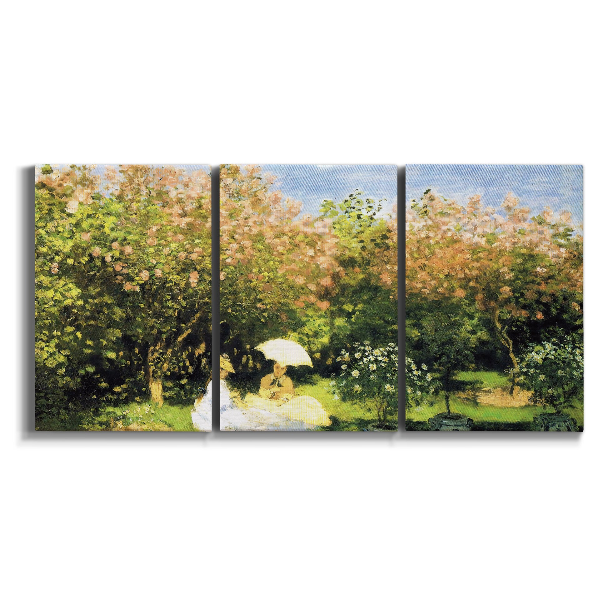 Three-panel canvas wall art featuring lush garden landscape with trees on white background.