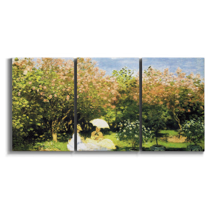 Three-panel canvas wall art featuring lush garden landscape with trees on white background.