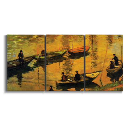 Three-panel canvas wall art featuring small boat on calm water on white background.