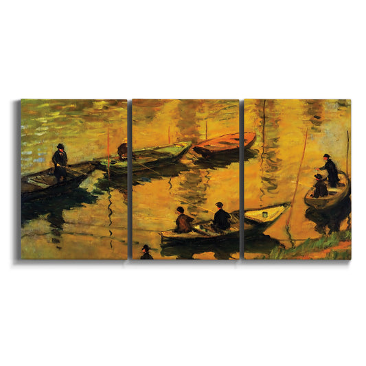 Three-panel canvas wall art featuring small boat on calm water on white background.