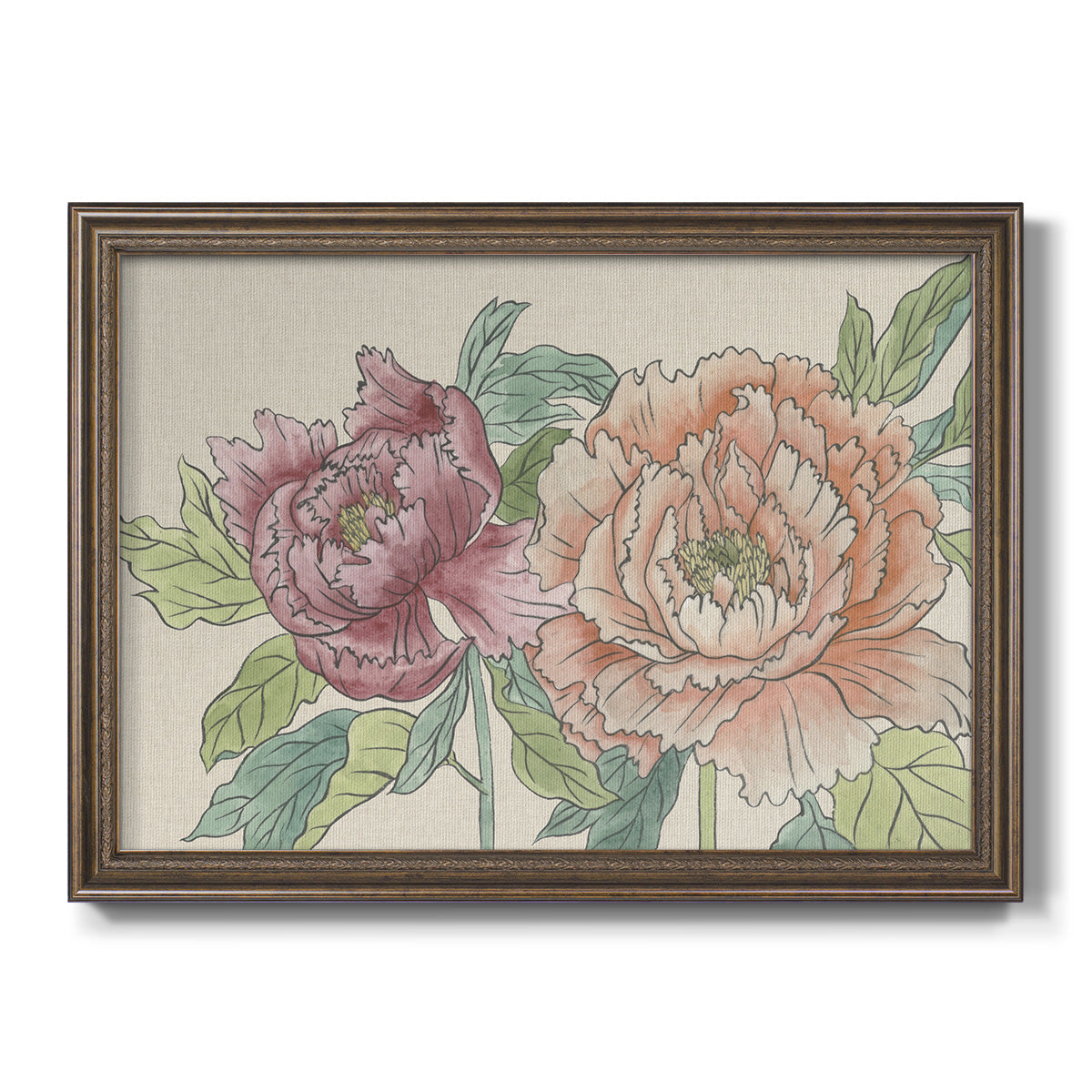 Modern peony floral drawing printed on canvas in an ornate traditional bronze frame.