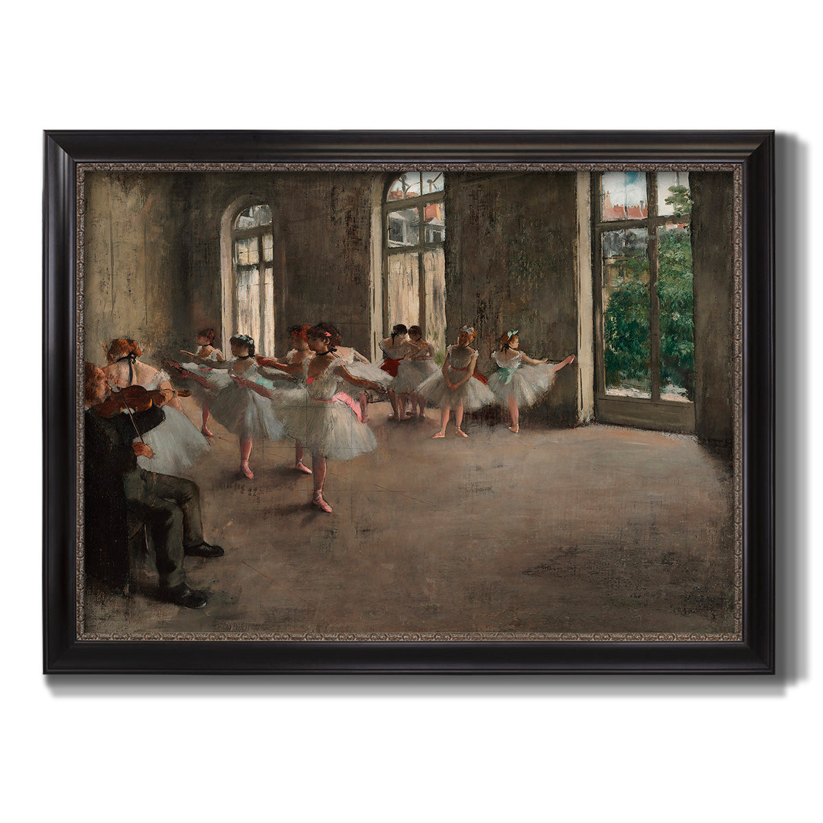 Early impressionist ballet rehearsal painting by Edgar Degas printed on canvas in an ornate black frame with gilded inner detail.