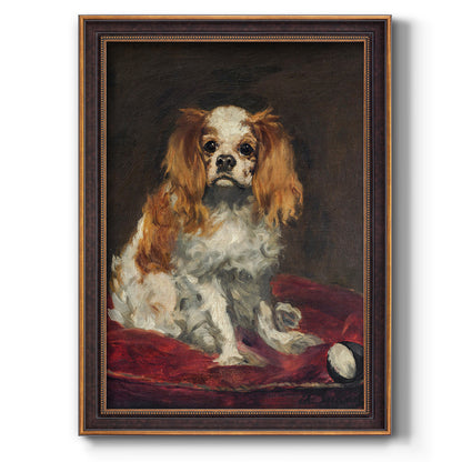 Impressionist dog portrait painting by Édouard Manet printed on canvas in an ornate weathered white frame with a vertical orientation.