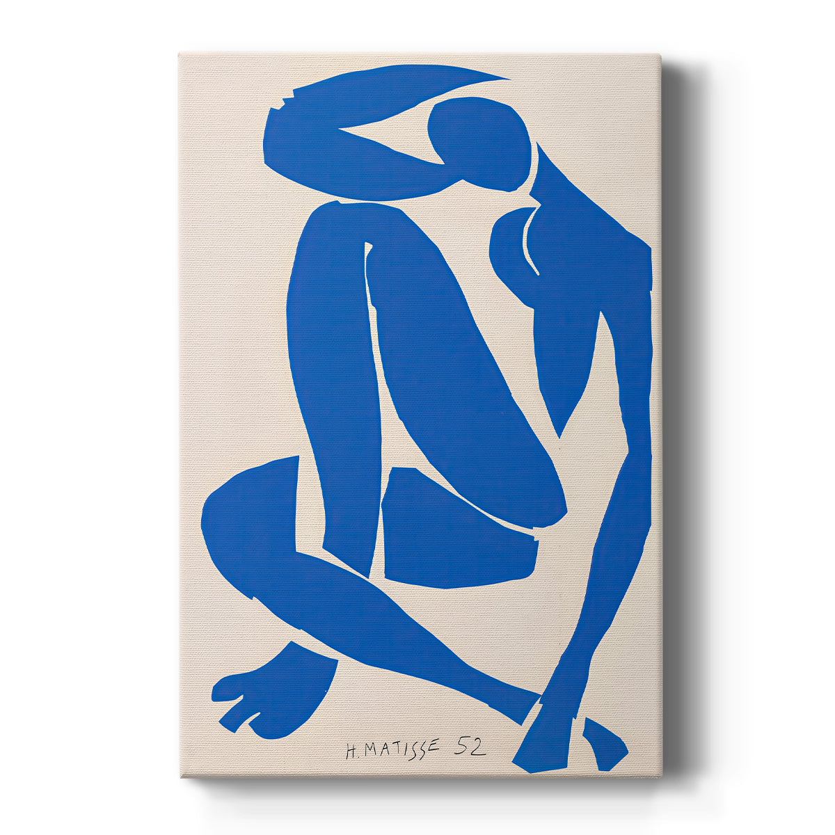 Canvas art print featuring an abstract cut-out figure of a reclining nude in bold blue shapes on a clean white background.