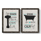 Set of two black barnwood framed canvas prints featuring two graphic bathroom word art featuring playful bathtub silhouettes and bath-themed typography.