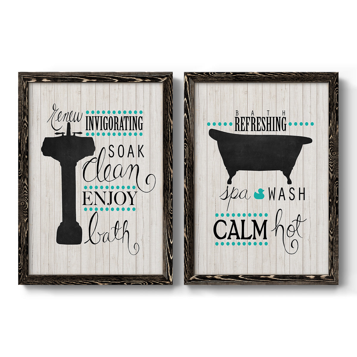 Set of two black barnwood framed canvas prints featuring two graphic bathroom word art featuring playful bathtub silhouettes and bath-themed typography.