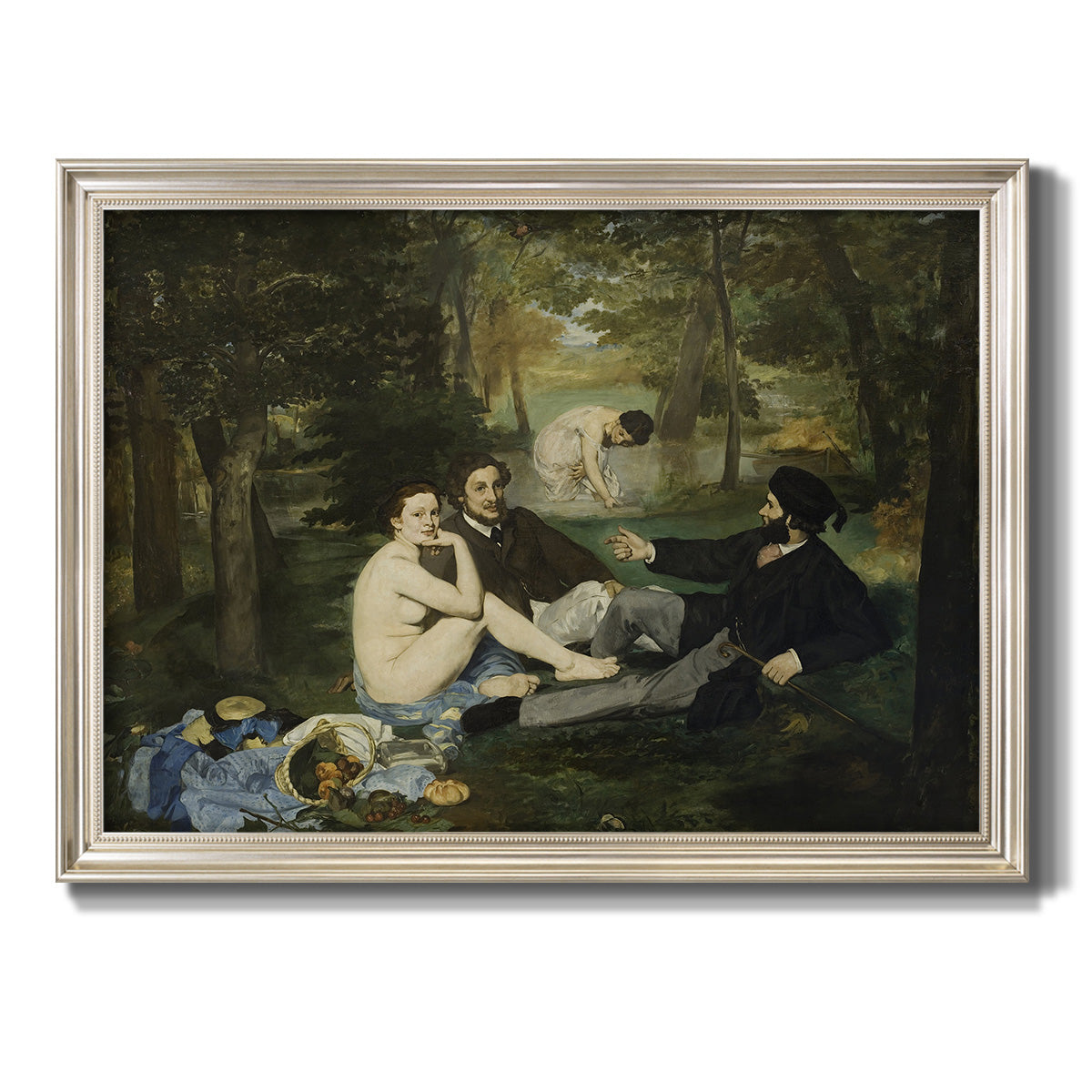 Groundbreaking impressionist picnic scene by Édouard Manet printed on canvas in an ornate champagne frame.
