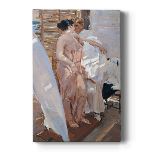 Canvas art print featuring an impressionist interior scene of a woman in a pink robe with soft light on a clean white background.