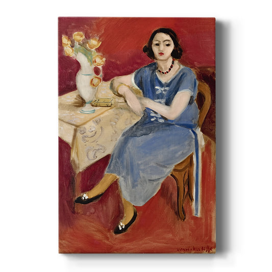 Canvas art print featuring a fauvist portrait of a seated woman in blue against a bold red background on a clean white background.