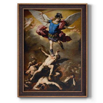 Dramatic religious painting of fallen angels by Luca Giordano printed on canvas in an ornate bronzed mahogany wood frame with a vertical orientation.