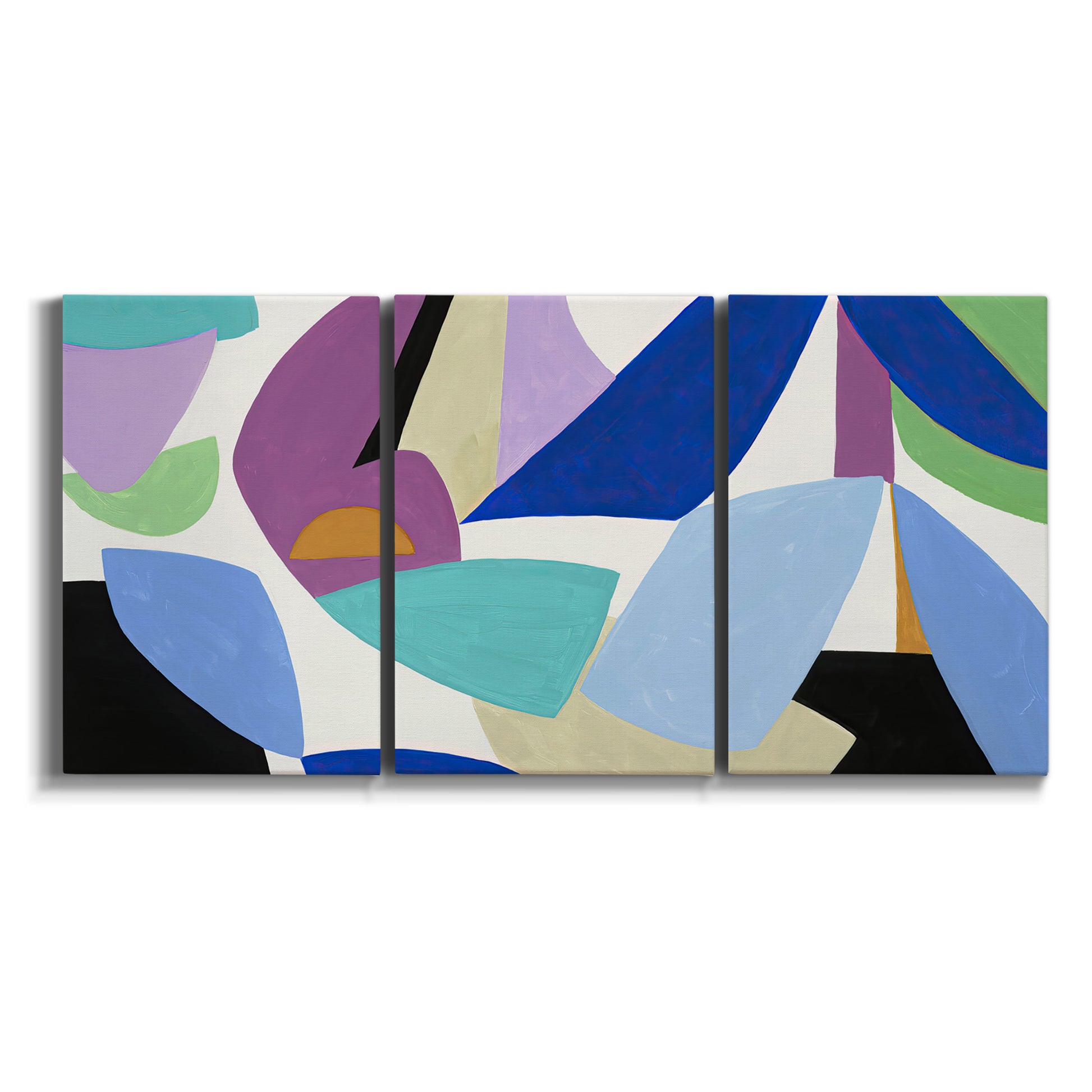 Three-panel canvas wall art featuring colorful abstract homage to modernism on white background.