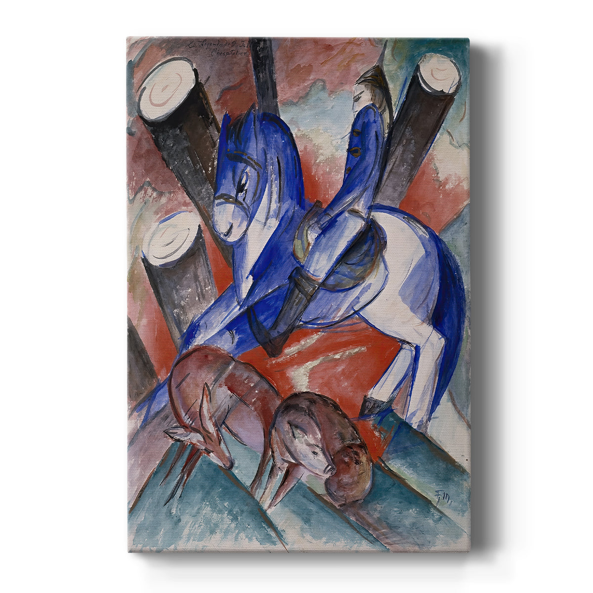 Canvas art print featuring an expressionist scene with abstracted animals and bold angular forms on a clean white background.