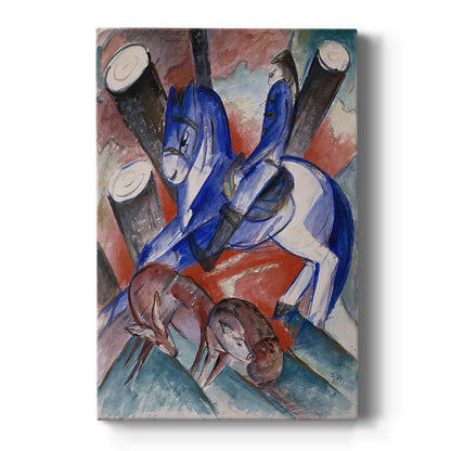Canvas art print featuring an expressionist scene with abstracted animals and bold angular forms on a clean white background.