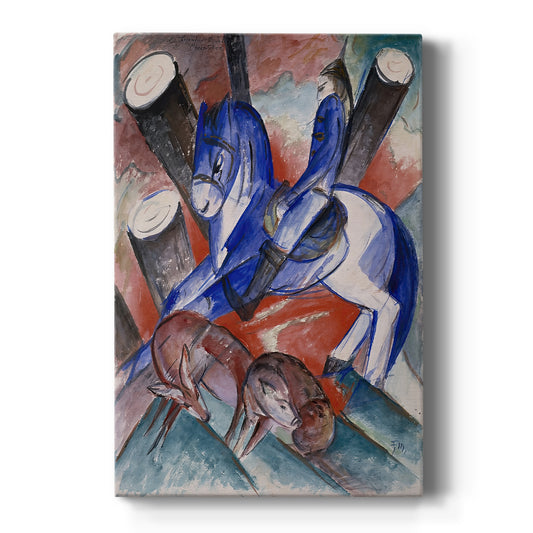 Canvas art print featuring an expressionist scene with abstracted animals and bold angular forms on a clean white background.