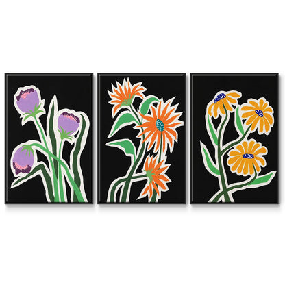 Pop Flowers I - Framed Premium Gallery Wrapped Canvas L Frame 3 Piece Set - Ready to Hang