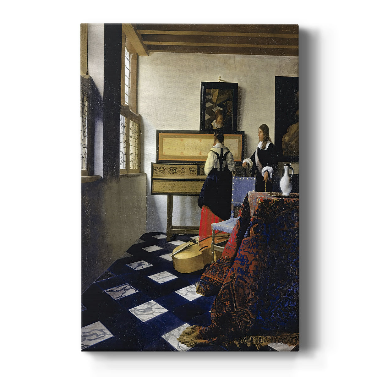 Canvas art print featuring a Baroque interior of figures engaged in music in a softly lit room on a clean white background.