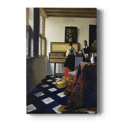 Canvas art print featuring a Baroque interior of figures engaged in music in a softly lit room on a clean white background.