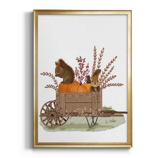 Squirrels In Pumpkin Wheelbarrow - Modern Framed Canvas Print