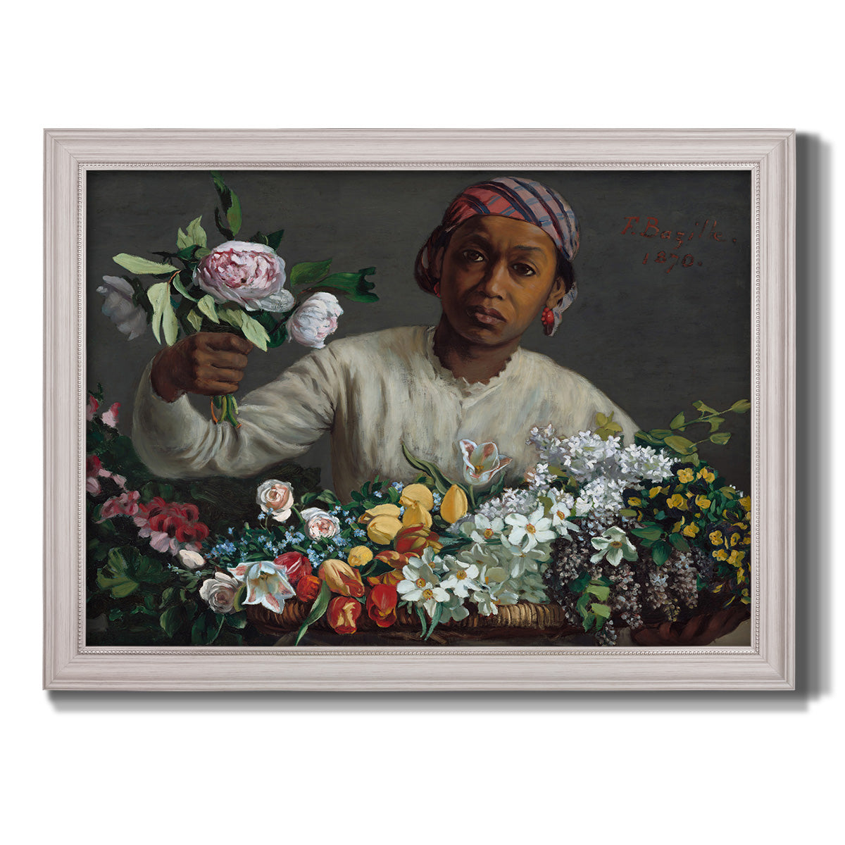 Traditional portrait of a woman holding peonies by Frédéric Bazille printed on canvas in an ornate weathered white frame.