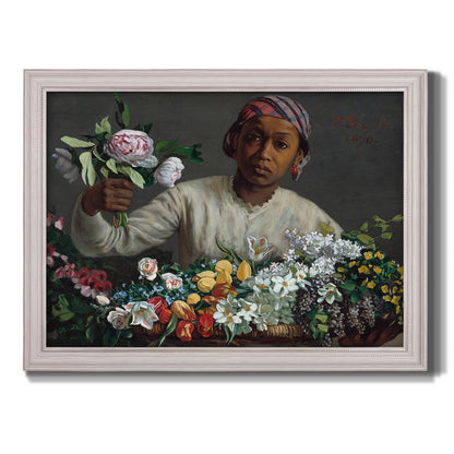 Traditional portrait of a woman holding peonies by Frédéric Bazille printed on canvas in an ornate weathered white frame.