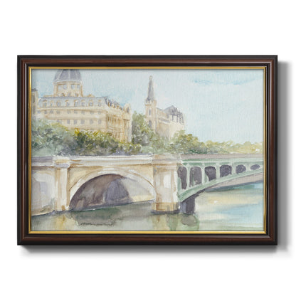 Classical watercolor painting of a French bridge printed on canvas in an ornate mahogany wood frame with gold liner.
