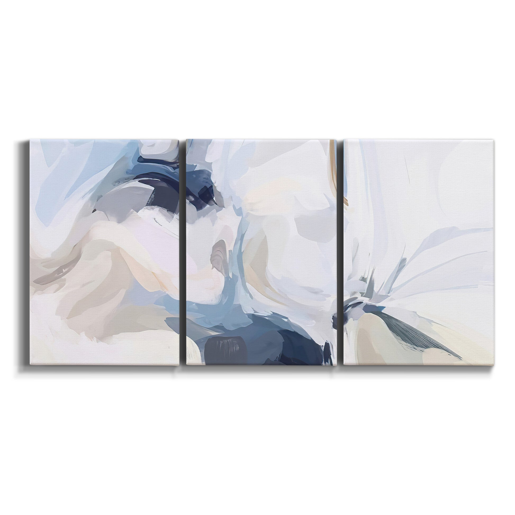 Three-panel canvas wall art featuring airy abstract movement composition on white background.