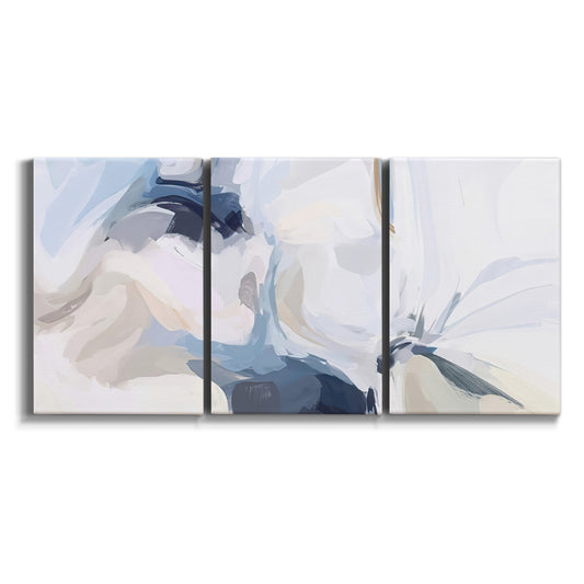 Three-panel canvas wall art featuring airy abstract movement composition on white background.