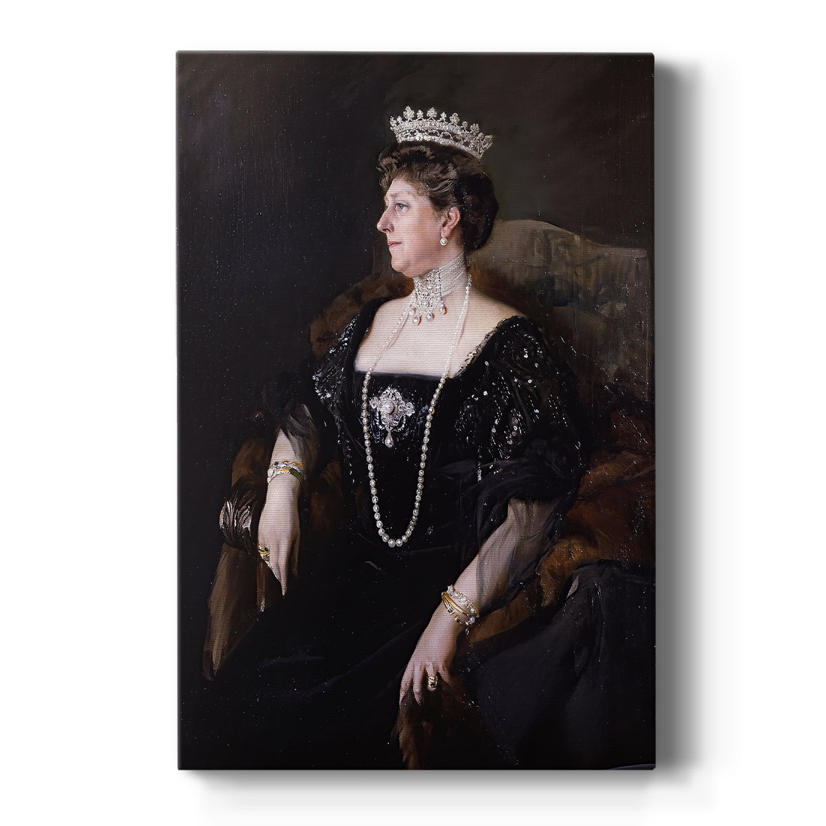 Canvas art print featuring an impressionist portrait of a woman in formal attire with soft coastal light on a clean white background.