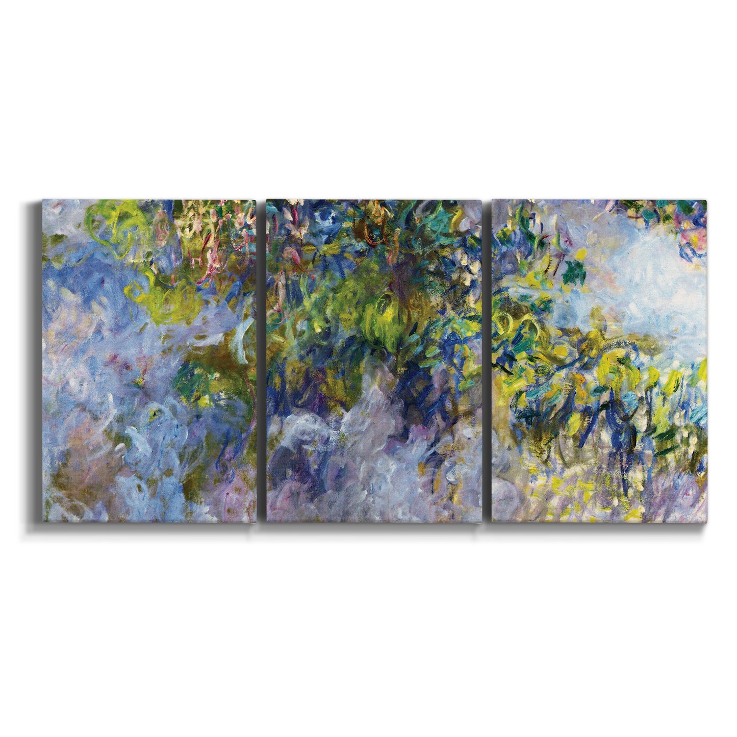 Three-panel canvas wall art featuring cascading purple wisteria blooms on white background.