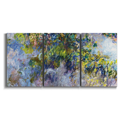 Three-panel canvas wall art featuring cascading purple wisteria blooms on white background.
