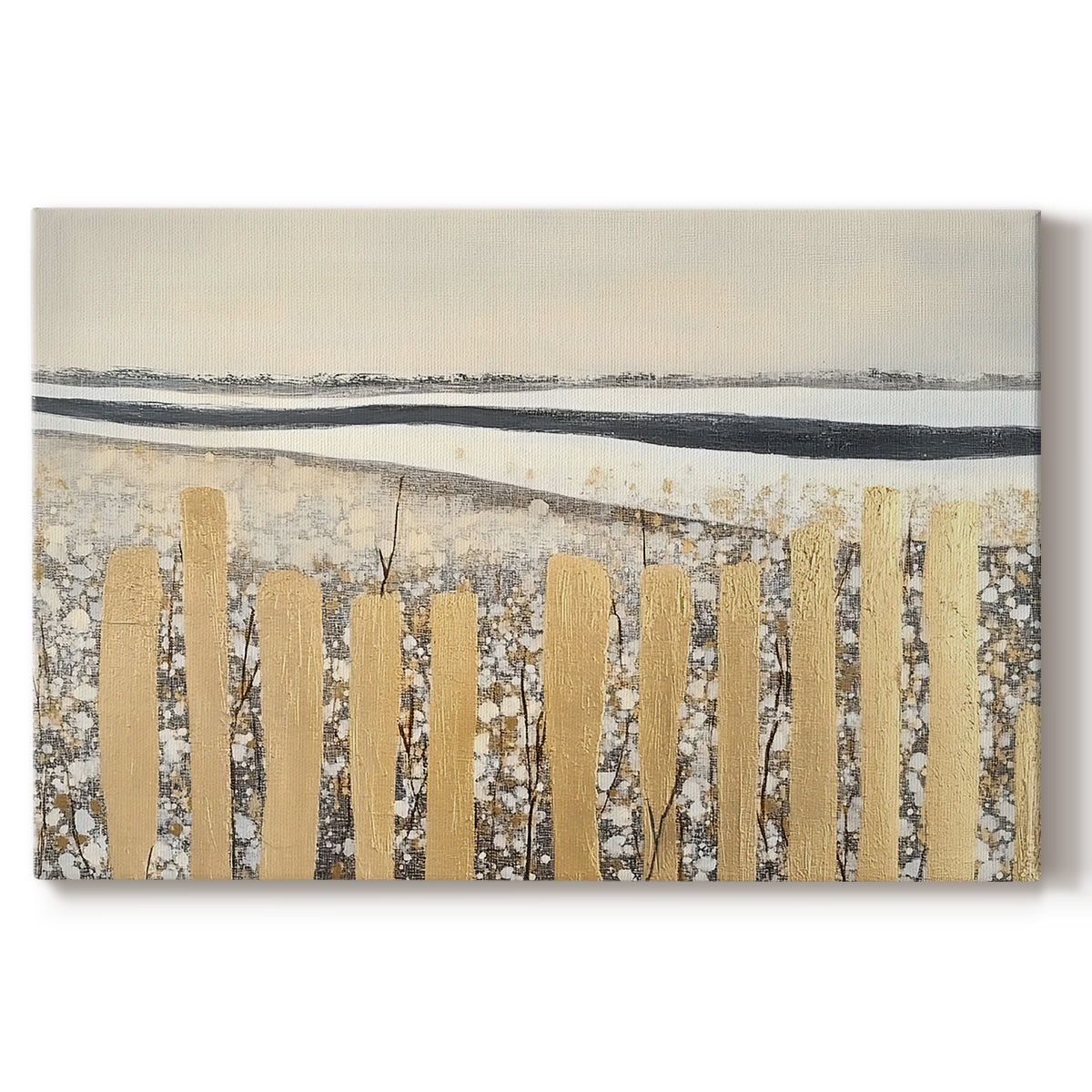 Golden fence lines contrast against a serene landscape with soft colors of winter and a tranquil horizon