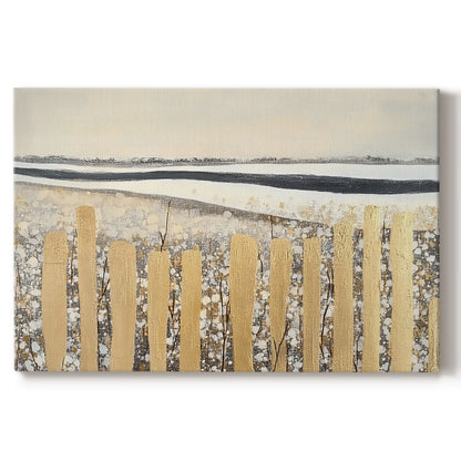 Golden fence lines contrast against a serene landscape with soft colors of winter and a tranquil horizon