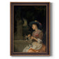 Classical interior scene of a woman weaving flowers by Godfried Schalcken printed on canvas in an ornate bronzed mahogany wood frame with a vertical orientation.