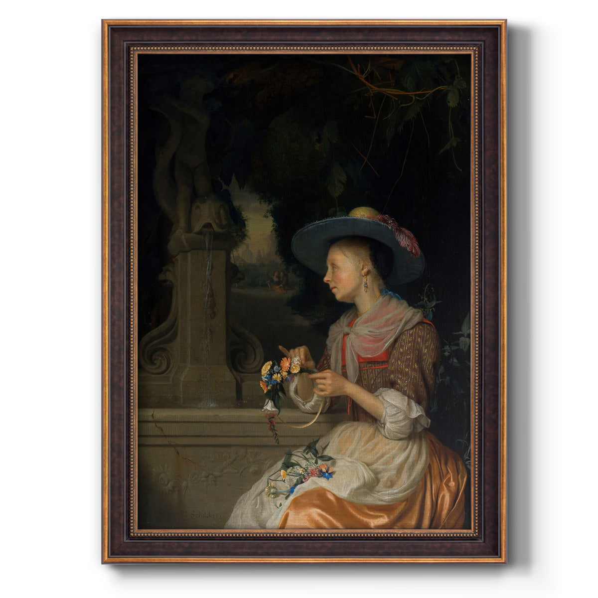 Classical interior scene of a woman weaving flowers by Godfried Schalcken printed on canvas in an ornate bronzed mahogany wood frame with a vertical orientation.