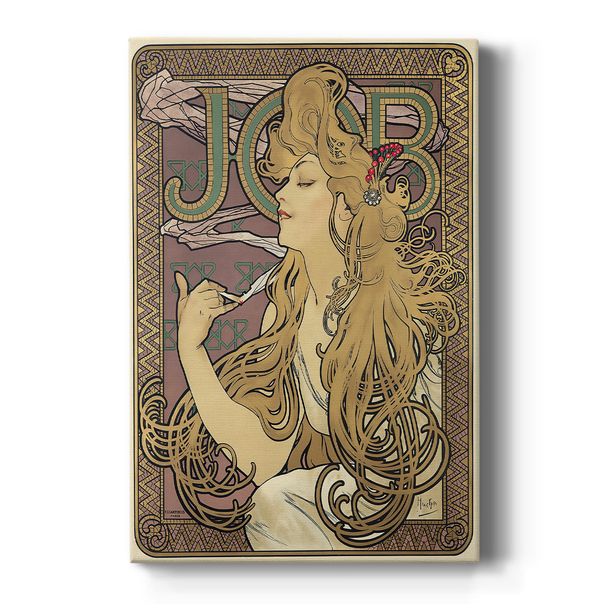Canvas art print featuring an Art Nouveau poster of a woman with flowing hair smoking, bold circular design on a clean white background.