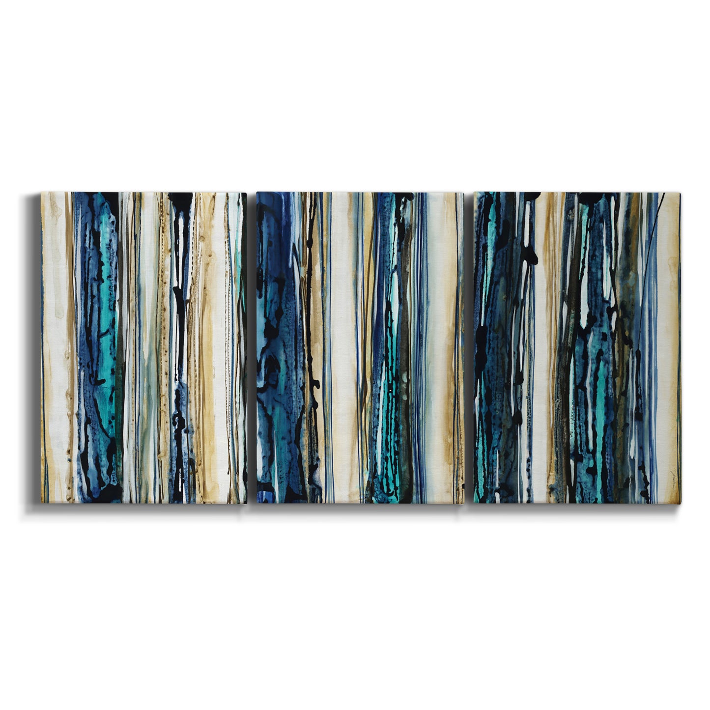 Three-panel canvas wall art featuring vertical blue abstract streaks on white background.