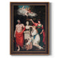 Classical allegorical painting honoring Linnaeus by Robert John Thornton printed on canvas in an ornate bronzed mahogany wood frame with a vertical orientation.