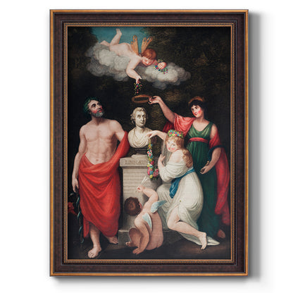 Classical allegorical painting honoring Linnaeus by Robert John Thornton printed on canvas in an ornate bronzed mahogany wood frame with a vertical orientation.