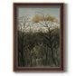 Dreamlike forest landscape scene by Henri Rousseau printed on canvas in an ornate bronzed mahogany wood frame with a vertical orientation.