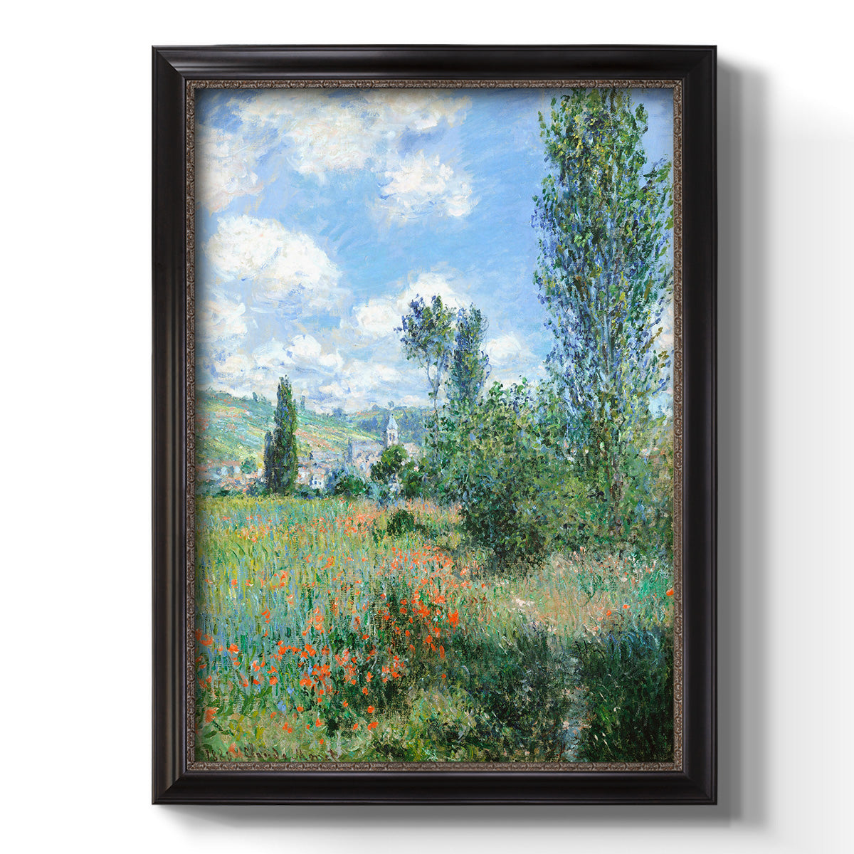 Impressionist pastoral landscape with poppy fields by Claude Monet printed on canvas in an ornate black frame with gilded inner detail with a vertical orientation.