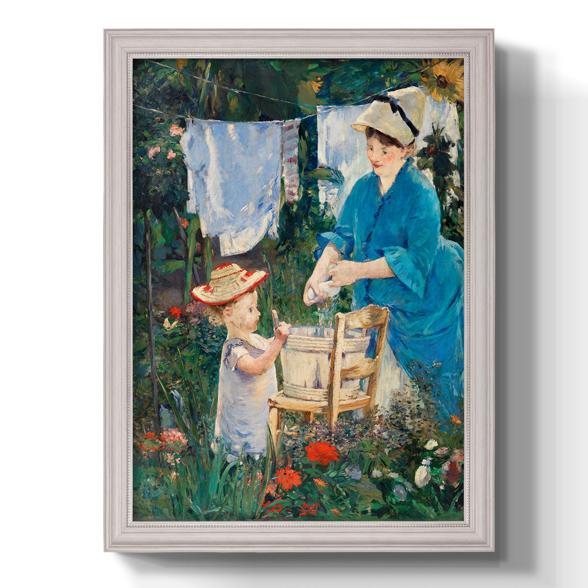 Intimate domestic genre scene by Édouard Manet printed on canvas in an ornate champagne frame with a vertical orientation.