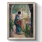 Impressionist portrait of Madame Monet sewing by Claude Monet printed on canvas in an ornate champagne frame with a vertical orientation.