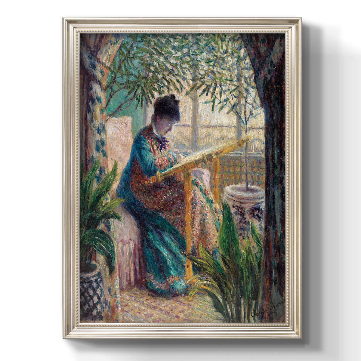 Impressionist portrait of Madame Monet sewing by Claude Monet printed on canvas in an ornate champagne frame with a vertical orientation.